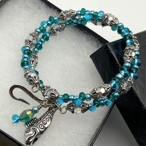 Memory Wire Bracelet Beaded Wrap Around Fish and Hook Charm Boho Coil Bracelet